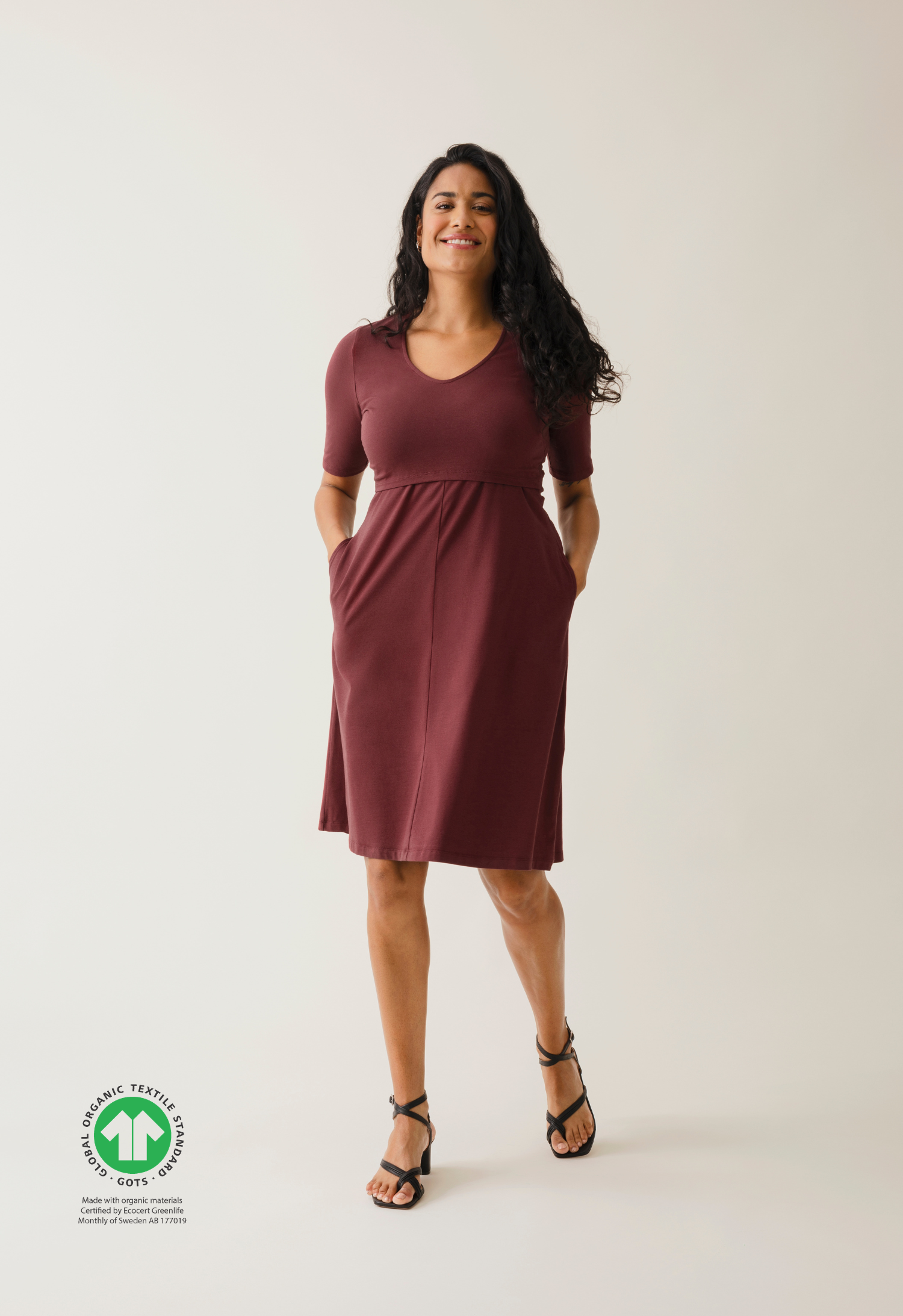 Robe d'allaitement cintrée à manches courtes - Rouge foncé