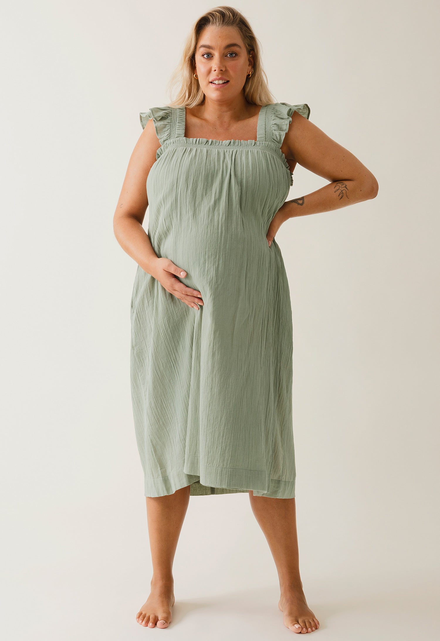 Robe de maternité bohème à smocks - Thé vert
